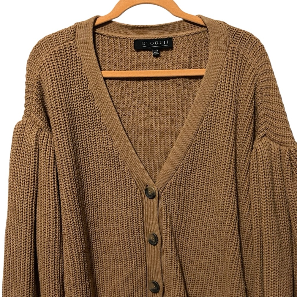 ELOQUII Camel Chunky Knit Balloon Sleeve Button Front Sweater 22/24 - Picture 3 of 12